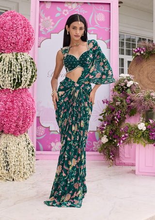 Ashvi emerald green draped sari set