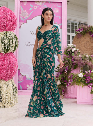 Ashvi emerald green draped sari set