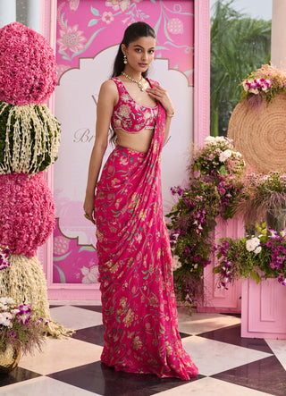 Zoha hot pink embellished saree set