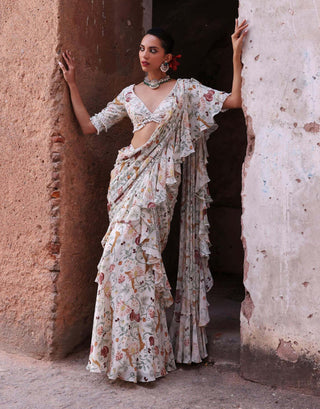 Seema Thukral-Hayami Ivory Printed Sari And Blouse-INDIASPOPUP.COM