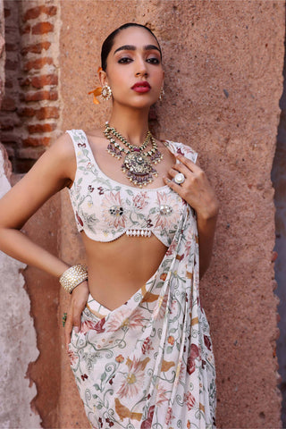 Seema Thukral-Tanishka Ivory Printed Sari And Blouse-INDIASPOPUP.COM