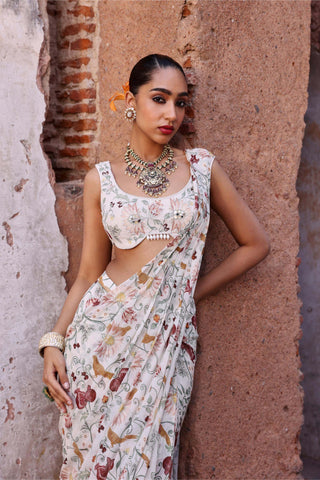 Seema Thukral-Tanishka Ivory Printed Sari And Blouse-INDIASPOPUP.COM