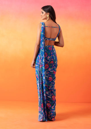 Seema Thukral-Electric Blue Printed Sari And Blouse-INDIASPOPUP.COM