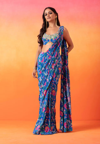 Seema Thukral-Electric Blue Printed Sari And Blouse-INDIASPOPUP.COM