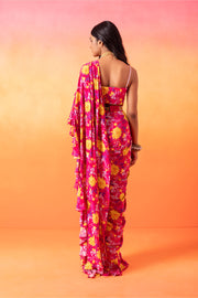 Seema Thukral-Fuschia Pink Printed Ruffle Sari Set-INDIASPOPUP.COM