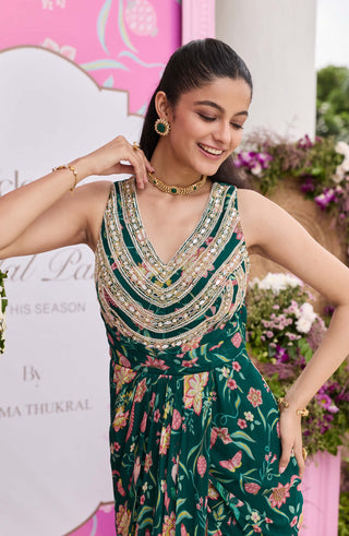 Devvaki emerald green draped dress