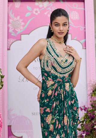 Devvaki emerald green draped dress