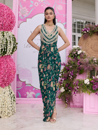 Devvaki emerald green draped dress
