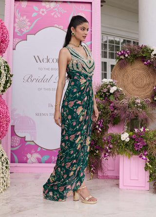 Devvaki emerald green draped dress