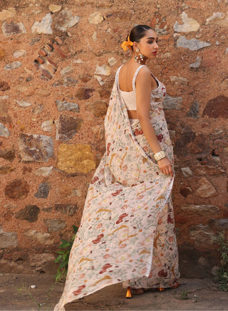 Seema Thukral-Misha Printed Pink Draped Skirt Sari And Bustier-INDIASPOPUP.COM