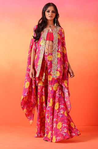 Seema Thukral-Fuscia Pink Printed Cape And Gharara Set-INDIASPOPUP.COM