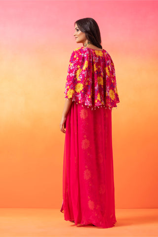 Seema Thukral-Fuscia Pink Printed Cape Jacket With Skirt Set-INDIASPOPUP.COM