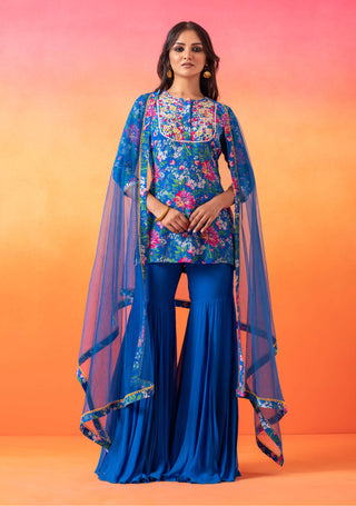 Seema Thukral-Electric Blue Printed Kurta And Gharara Set-INDIASPOPUP.COM