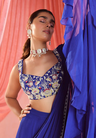 Seema Thukral-Nita Electric Blue Pre-Draped Ruffle Sari And Blouse-INDIASPOPUP.COM