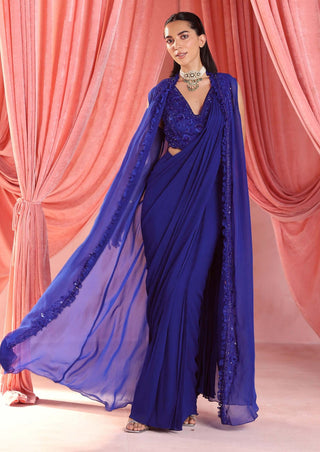 Seema Thukral-Alena Electric Blue Draped Sari And Jacket Set-INDIASPOPUP.COM
