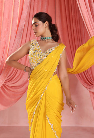 Seema Thukral-Luna Mustard Yellow Stitched Sari And Blouse-INDIASPOPUP.COM