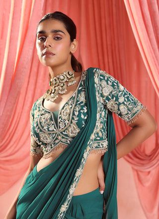 Seema Thukral-Nyna Emerald Green Stitched Sari And Blouse-INDIASPOPUP.COM