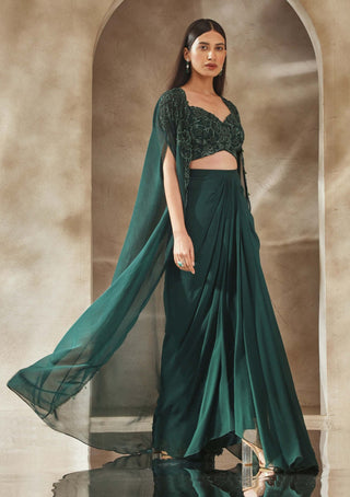 Seema Thukral-Emerald Green Embellished Cape And Draped Skirt Set-INDIASPOPUP.COM