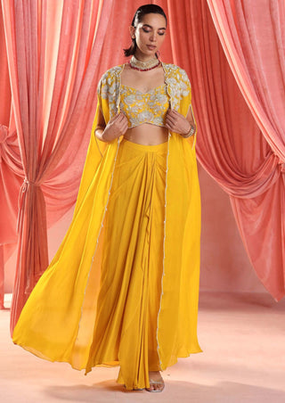 Seema Thukral-Avril Mustard Yellow Cape And Draped Skirt Set-INDIASPOPUP.COM