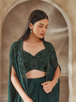 Seema Thukral-Emerald Green Embellished Cape And Draped Skirt Set-INDIASPOPUP.COM