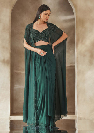 Seema Thukral-Emerald Green Embellished Cape And Draped Skirt Set-INDIASPOPUP.COM