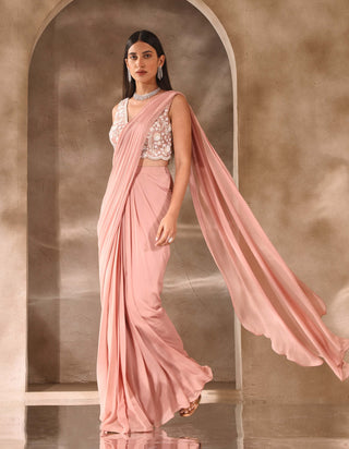 Seema Thukral-Dusty Pink Draped Sari And Jacket Set-INDIASPOPUP.COM