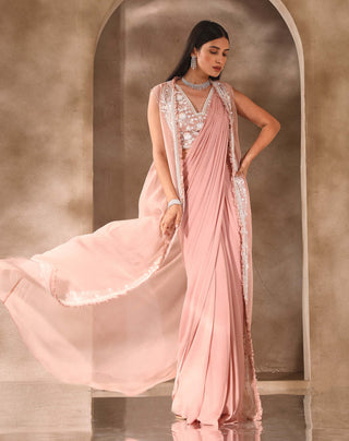 Seema Thukral-Dusty Pink Draped Sari And Jacket Set-INDIASPOPUP.COM