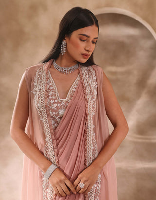 Seema Thukral-Dusty Pink Draped Sari And Jacket Set-INDIASPOPUP.COM