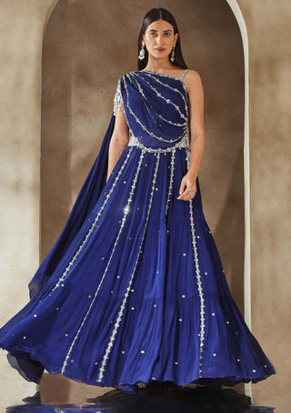 Seema Thukral-Electric Blue Draped Choli And Skirt-INDIASPOPUP.COM
