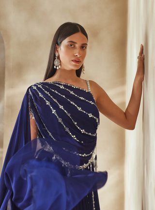 Seema Thukral-Electric Blue Draped Choli And Skirt-INDIASPOPUP.COM