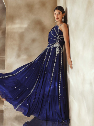 Seema Thukral-Electric Blue Draped Choli And Skirt-INDIASPOPUP.COM