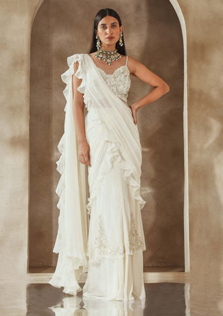 Seema Thukral-Ivory Draped Ruffle Sari And Blouse-INDIASPOPUP.COM