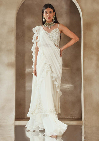 Seema Thukral-Ivory Draped Ruffle Sari And Blouse-INDIASPOPUP.COM