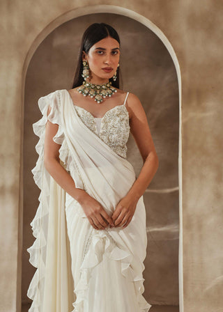 Seema Thukral-Ivory Draped Ruffle Sari And Blouse-INDIASPOPUP.COM