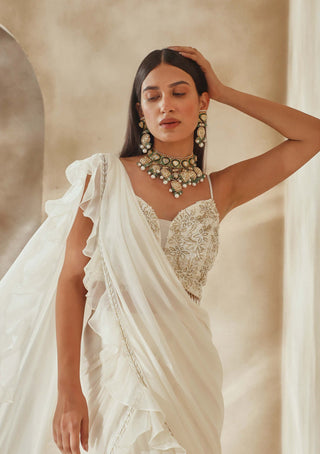 Seema Thukral-Ivory Draped Ruffle Sari And Blouse-INDIASPOPUP.COM
