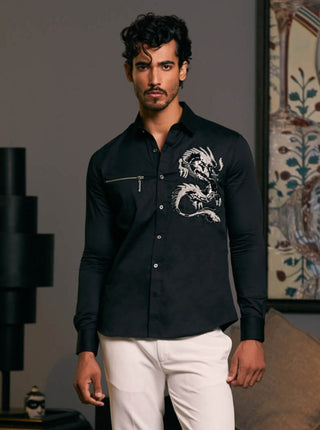 Black Embroidered Dragon Shirt by Siddartha Tytler Men, available on Indiaspopup.com