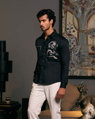 Black Embroidered Dragon Shirt by Siddartha Tytler Men, available on Indiaspopup.com