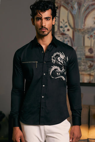 Black Embroidered Dragon Shirt by Siddartha Tytler Men, available on Indiaspopup.com