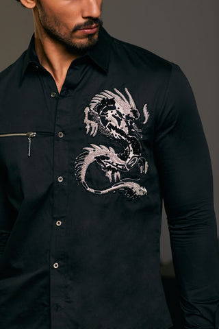 Black Embroidered Dragon Shirt by Siddartha Tytler Men, available on Indiaspopup.com