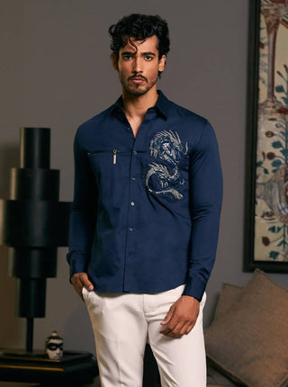 Navy Blue Embroidered Dragon Shirt by Siddartha Tytler Men, available on Indiaspopup.com