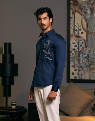 Navy Blue Embroidered Dragon Shirt by Siddartha Tytler Men, available on Indiaspopup.com