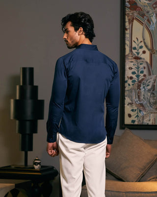 Navy Blue Embroidered Dragon Shirt by Siddartha Tytler Men, available on Indiaspopup.com