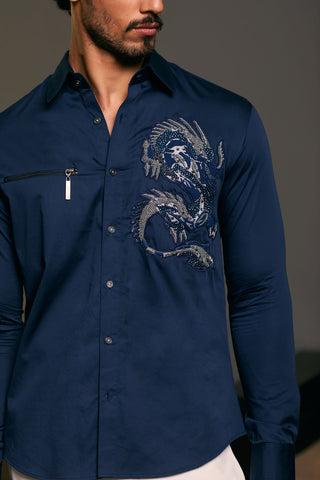 Navy Blue Embroidered Dragon Shirt by Siddartha Tytler Men, available on Indiaspopup.com