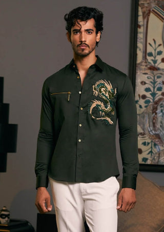 Olive Embroidered Dragon Shirt by Siddartha Tytler Men, available on Indiaspopup.com