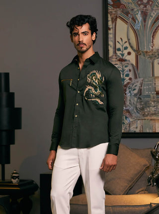 Olive Embroidered Dragon Shirt by Siddartha Tytler Men, available on Indiaspopup.com