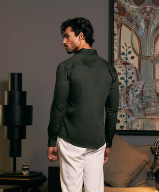 Olive Embroidered Dragon Shirt by Siddartha Tytler Men, available on Indiaspopup.com