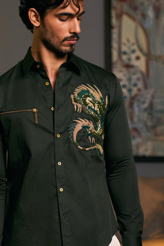 Olive Embroidered Dragon Shirt by Siddartha Tytler Men, available on Indiaspopup.com