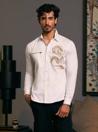 Ivory Embroidered Dragon Shirt by Siddartha Tytler Men, available on Indiaspopup.com