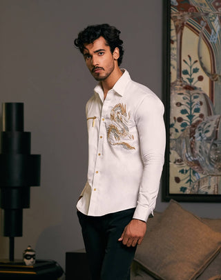 Ivory Embroidered Dragon Shirt by Siddartha Tytler Men, available on Indiaspopup.com