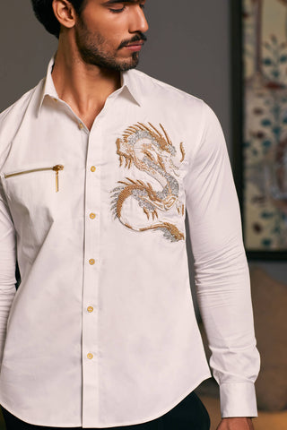 Ivory Embroidered Dragon Shirt by Siddartha Tytler Men, available on Indiaspopup.com